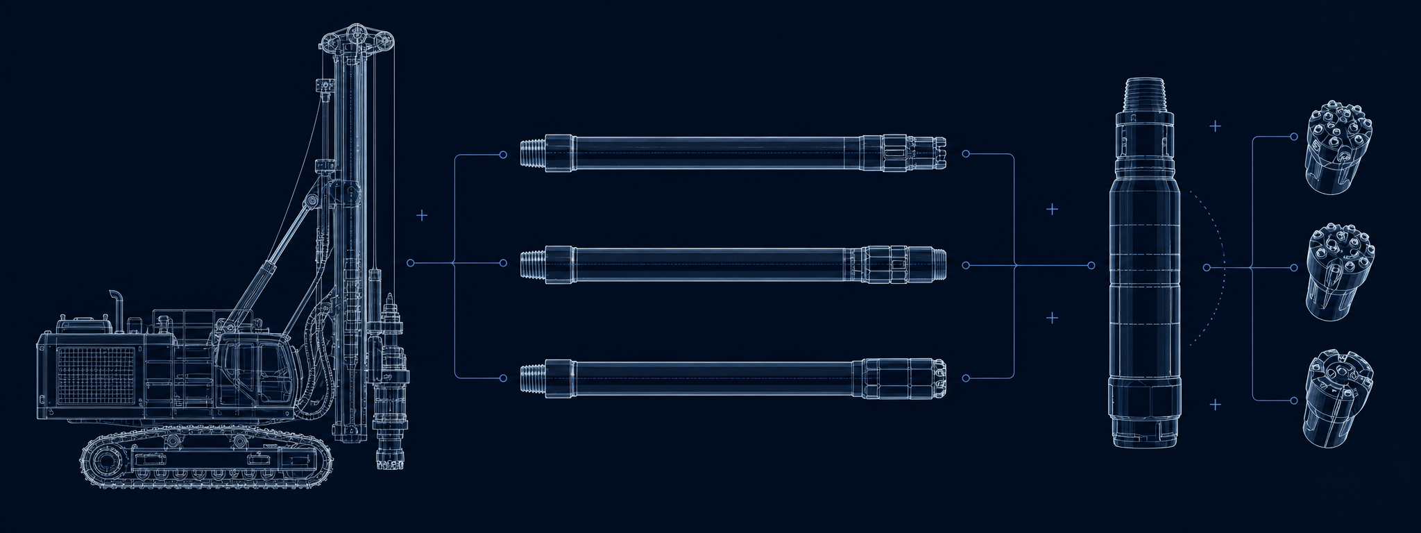 Illustration of drilling rig, drill pipe and drilling tools working as one system